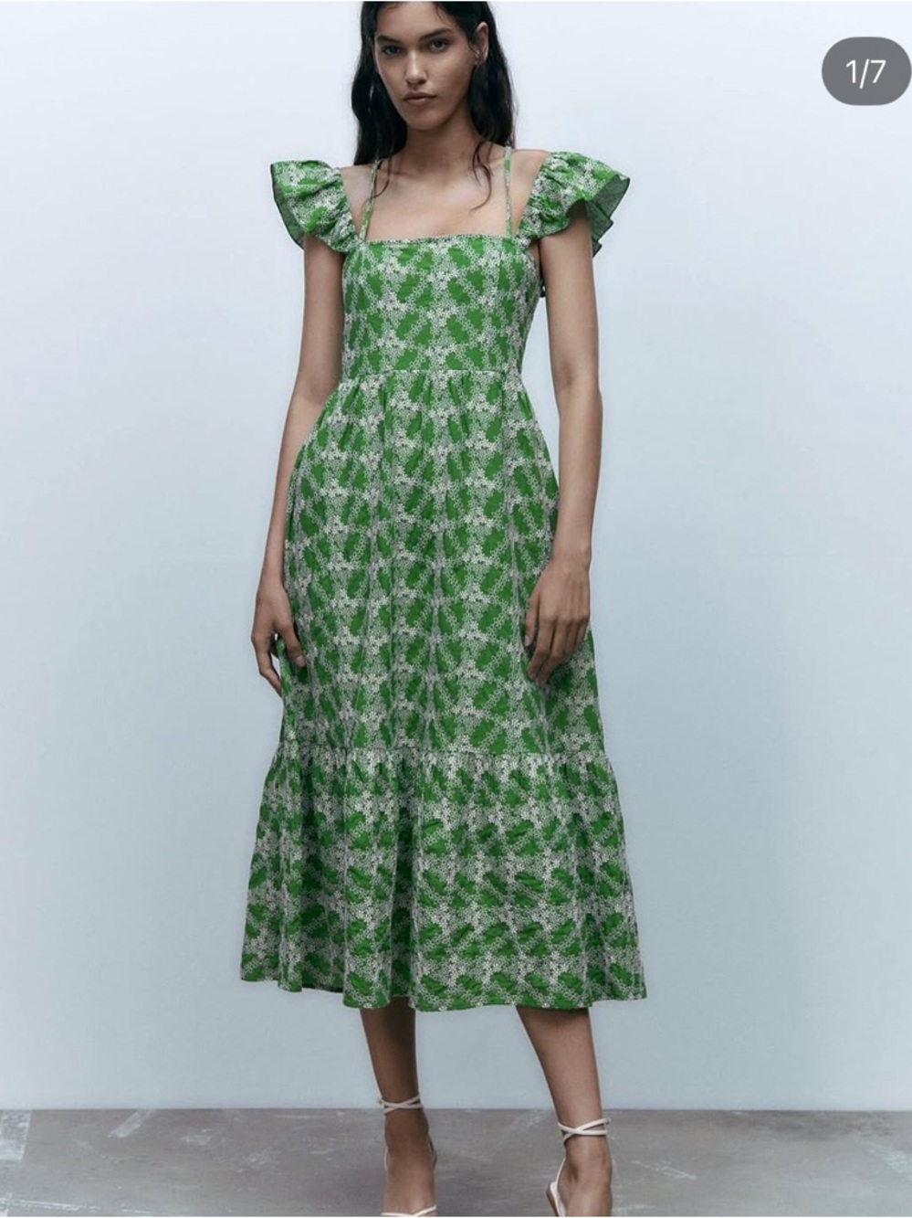 Zara Green Floral Square-Neck Midi Dress with Ruffle Straps